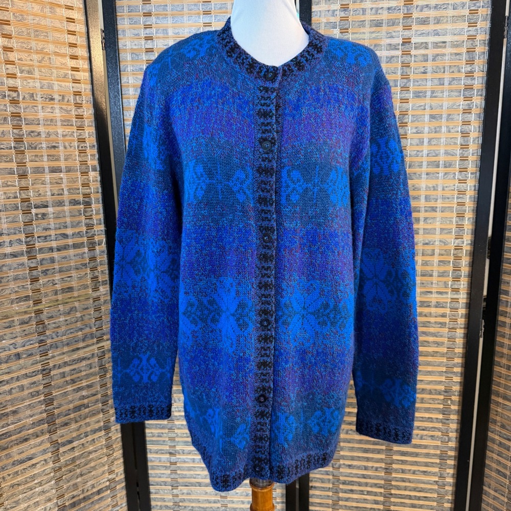 Leo Peressi Cardigan Women XL Blue 100% Alpaca Fair Isle Geometric Peru Sweater